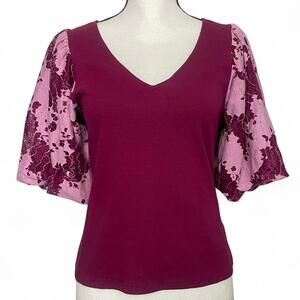 Anthropologie Dolan Floral Lace Puff-Sleeve Top V-neck Wine Burgundy Size Medium